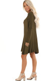 Army Green Cotton Sexy Cap Sleeve Long Sleeves V Neck Swagger Knee-Length Patchwork Solid