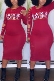 Wine Red Fashion Casual Letter Print Ripped O Neck Long Sleeve Dress