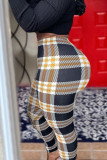 Yellow Sexy Plaid Print Without Belt Regular Mid Waist Pencil Bottoms