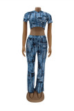 Deep Blue Fashion Casual Print Basic O Neck Short Sleeve Two Pieces