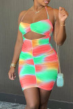 Pink Fashion Sexy Print Hollowed Out Backless Halter Sleeveless Dress