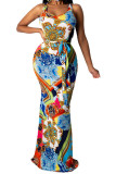 multicolor Fashion Sexy adult Ma'am Tank Sleeveless Slip Asymmetrical Floor-Length Print Dresses