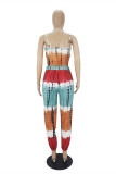 Red Blue Sexy Casual Print Tie Dye Backless V Neck Sleeveless Two Pieces