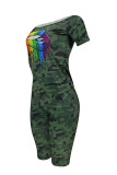 Green Fashion Casual adult Ma'am One word collar Print Camouflage Two Piece Suits Pattern Plus Size