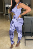 Purple Fashion Sexy Print Hollowed Out U Neck Skinny Jumpsuits