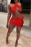 Yellow Sexy Solid Bandage Draw String Backless Halter Sleeveless Two Pieces