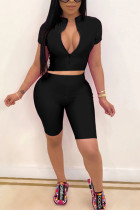 Black Polyester Fashion Sexy adult Ma'am Solid Two Piece Suits pencil Short Sleeve Two Pieces