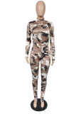 Brown Casual Print Camouflage Print O Neck Regular Jumpsuits