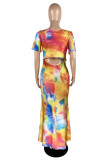 Blue Fashion Casual Print Hollowed Out Tie-dye O Neck Short Sleeve Dress
