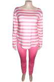 Pink Casual Striped Print Split Joint O Neck Plus Size