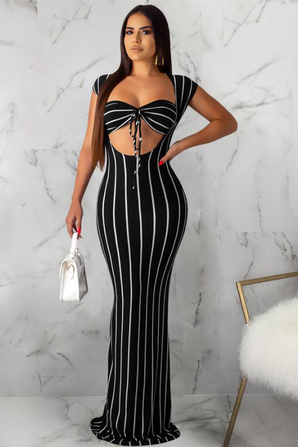 Black Polyester Sexy Fashion Solid Slim fit Striped Regular Sleeveless Two-Piece Dress