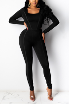 Black Casual Solid Split Joint Square Collar Long Sleeve Two Pieces
