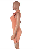 Pink Fashion Sexy Solid Hollowed Out Strap Design Turndown Collar Sleeveless Dress