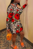 Red Sexy Leopard Patchwork Half A Turtleneck Pencil Skirt Dresses