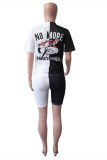 Black White Fashion Casual Print Patchwork O Neck Short Sleeve Two Pieces