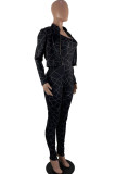 Black OL Striped Two Piece Suits Skinny Long Sleeve Two-piece Pants Set