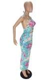 Colour Fashion Sexy Print Hollowed Out Backless Halter Sleeveless Dress