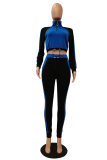 Blue Casual Solid Patchwork Zipper Collar Long Sleeve Two Pieces