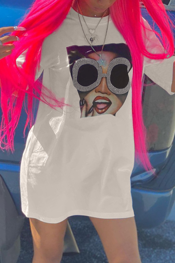 White Fashion Casual Print Basic O Neck Short Sleeve T-shirt Dress