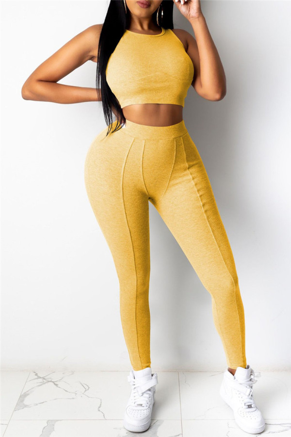 Yellow Casual Sportswear Solid Vests Pants O Neck Sleeveless Two Pieces