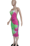 Green Polyester Fashion Sexy Green multicolor Off The Shoulder Sleeveless Slip Pencil Dress Mid-Calf backless Tie and dye Dresses