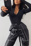 Black Sexy Twilled Satin Solid Split Joint O Neck Mid Waist Tops