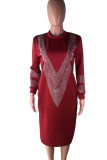 Wine Red Fashion Casual Street Half Sleeves Straight Mid-Calf Print diamonds Dresses