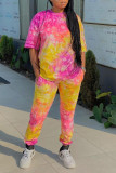 Yellow Elegant Tie Dye O Neck Half Sleeve Two Pieces