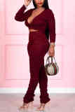 Black Fashion Casual Solid Fold V Neck Long Sleeve Two Pieces
