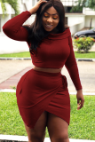Wine Red Sexy Fashion Cap Sleeve Long Sleeves One word collar Hip skirt Mini asymmetrical bandage Patchwork