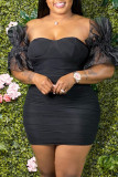 Black Fashion Sexy Solid Patchwork Backless Strapless Short Sleeve Dress