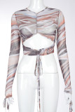 Colour Casual Print Hollowed Out Patchwork Fold With Bow O Neck Mid Waist Tops