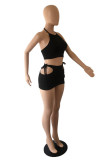 Black Sexy Solid Hollowed Out Backless Strap Design Halter Sleeveless Two Pieces