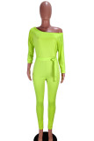 Green Casual Polyester Twilled Satin Solid Frenulum With Belt Boat Neck Straight Jumpsuits