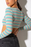 multicolor Square Collar Long Sleeve Striped Tops
