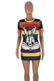 Multi-color Polyester Sexy Fashion Cap Sleeve Short Sleeves O neck Step Skirt Mini Print Sequin Patchwork
