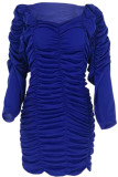 Navy Blue Sexy Bubble sleeves Long Sleeves V Neck Asymmetrical Knee-Length asymmetrical Solid Patchw