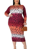 Red Fashion British Style Adult Polyester Print Split Joint O Neck Printed Dress Plus Size