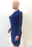Blue Sexy Long Sleeves O neck Sheath Knee-Length Mini Geometric Club Dresses