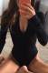 Black Sexy Solid Patchwork V Neck Skinny Bodysuits