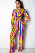 Yellow Polyester Sexy Striped Two Piece Suits asymmetrical Print crop top Bandage Loose Long Sleeve Two-pi