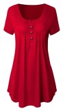 Red Casual Regular O-Neck Short Button Solid Regular Tees & T-shirts