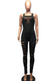 Black Fashion Sexy Burn-out Solid Milk. Sleeveless O Neck Jumpsuits