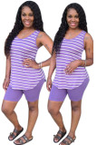 purple Polyester Fashion Sexy adult Striped Patchwork Print Two Piece Suits Straight Short Sleeve Two Pieces