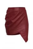 rose red PU Elastic Fly Sleeveless Mid Patchwork Asymmetrical Hip skirt shorts