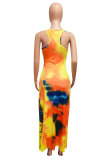 Yellow FashionOff The Shoulder Sleeveless O neck Step Skirt Ankle-Length Print Patchwork Tie and dye Dresses