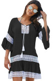 Black Polyester Fashion Sexy Ruffled Sleeve Half Sleeves O neck Asymmetrical Knee-Length Patchwork Solid
