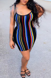 Black Fashion Sexy Striped Print Backless O Neck Sling Dress