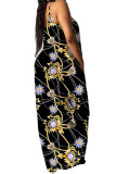 Black Polyester Fashion Sexy adult Ma'am Spaghetti Strap Sleeveless Slip Swagger Floor-Length Print Dresses