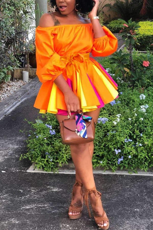 Tangerine Red Sexy Solid Patchwork Bateau Neck Pleated Dresses